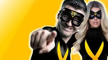 Image featuring a superhero-themed character pointing toward the viewer, promoting the Admiral Refer-A-Friend Bonus, with a bright yellow background and a female superhero character in the background.